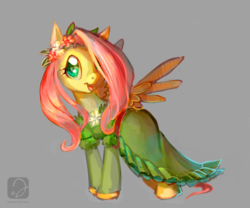 Size: 921x766 | Tagged: safe, artist:erinliona, fluttershy, pegasus, pony, g4, clothes, coronation dress, cute, dress, female, floral head wreath, flower, gray background, hair over one eye, mare, open mouth, shyabetes, simple background, smiling, solo, spread wings, standing, stray strand, turned head, wings