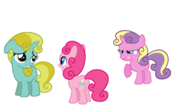 Size: 2772x1684 | Tagged: safe, pinkie pie, princess skyla, sun glimmer, sweetie belle, alicorn, earth pony, pony, unicorn, g4, butt, female, filly, foal, hidden wings, plot, recolor, simple background, trio, white background