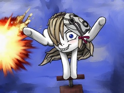 Size: 1024x768 | Tagged: safe, artist:madmax260582, pony, borderlands, borderlands 2, explosives, filly, flexible, grin, hair over one eye, leapfrog, legs in air, ponified, solo, tiny tina, underhoof