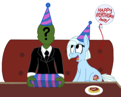 Size: 1572x1258 | Tagged: safe, artist:sketchymouse, oc, oc only, oc:anon, oc:tracy cage, human, /mlp/, 4chan, balloon, birthday, hat, nicolas cage, party hat, present, spaghetti
