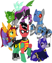 Size: 4108x4965 | Tagged: safe, artist:elliotshoe, changeling, earth pony, pegasus, pony, unicorn, absurd resolution, beast boy, cyborg (dc comics), ponified, raven (dc comics), robin, starfire, teen titans