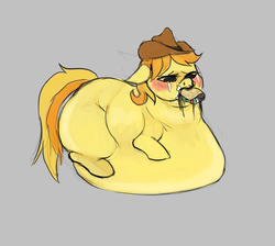 Size: 1280x1148 | Tagged: safe, artist:ptg, braeburn, earth pony, pony, g4, belly, belly bed, bhm, blushing, braeblob, crying, drool, fat, floppy ears, impossibly large belly, male, morbidly obese, obese, sad, solo, stuffed, stuffing, weight gain