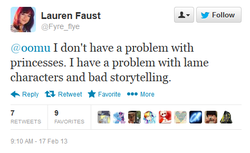 Size: 474x290 | Tagged: safe, lauren faust, misleading, out of context, princess, text, twitter, word of faust