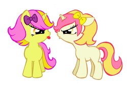 Size: 900x635 | Tagged: safe, artist:peachpalette, oc, oc only, oc:daffodil, oc:peach palette, bow, filly, rivalry, sisters, twins