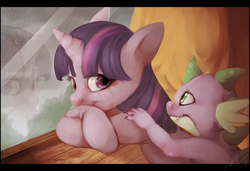 Size: 1600x1092 | Tagged: safe, artist:imalou, spike, twilight sparkle, pony, g4, magical mystery cure, my little pony: friendship is magic, duo, painting, rain, scene interpretation