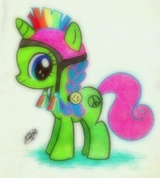Size: 434x480 | Tagged: safe, artist:peachpalette, oc, oc only, pony, unicorn, filly, foal, hat, hippie, horn, neon, neon sign, peace symbol, sister, solo, traditional art, unicorn oc
