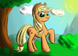 Size: 2200x1600 | Tagged: safe, artist:malamol, applejack, earth pony, pony, g4, female, raised hoof, solo, sun, tree