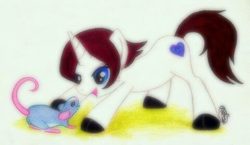 Size: 480x278 | Tagged: safe, artist:peachpalette, oc, oc only, oc:dexterity, mouse, pony, rat, unicorn, traditional art