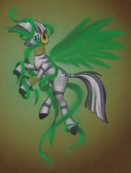 Size: 1024x1350 | Tagged: safe, artist:abbiegoth, zecora, pony, zebra, g4, artificial wings, augmented, female, magic, magic wings, solo, wings