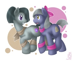 Size: 698x585 | Tagged: safe, artist:skyheavens, limestone pie, marble pie, earth pony, pony, g4, 80s, abstract background, alternate hairstyle, bow, braces, clothes, duo, female, grin, hair bow, leg warmers, looking at each other, looking at someone, mare, open mouth, open smile, pie sisters, scarf, smiling, smiling at each other, turned head