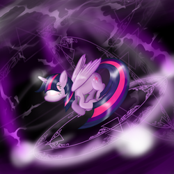 Size: 1024x1024 | Tagged: safe, artist:shadestars, twilight sparkle, alicorn, pony, g4, female, glowing eyes, magic, magic circle, runes, solo, twilight sparkle (alicorn)