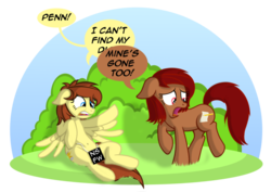 Size: 1061x752 | Tagged: dead source, safe, artist:veggie55, oc, oc only, oc:vento, earth pony, pegasus, pony, bush, censored, censored vulva, rule 63, speech bubble, wat