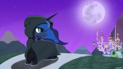 Size: 7680x4320 | Tagged: safe, artist:bosontar, princess luna, pony, g4, absurd resolution, canterlot, canterlot castle, cloak, clothes, female, looking back, moon, night, solo