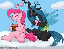 Size: 800x617 | Tagged: safe, artist:thedigodragon, pinkie pie, queen chrysalis, changeling, changeling queen, earth pony, pony, g4, :t, changeling feeding, cute, cutealis, duo, eating, eyes closed, female, heart, lesbian, ship:chryssie pie, shipping, smiling
