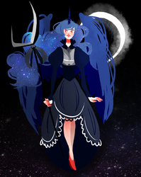 Size: 957x1200 | Tagged: safe, artist:kvitrika, princess luna, human, g4, clothes, crescent moon, dress, female, horn, horned humanization, humanized, scepter, solo, winged humanization