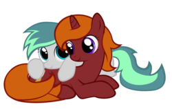 Size: 1024x648 | Tagged: safe, artist:symbianl, oc, oc only, aeris, rockshire, shipping, snuggling