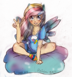 Size: 1404x1500 | Tagged: safe, artist:eden-tic, rainbow dash, human, g4, cloud, eared humanization, female, humanized, solo, winged humanization