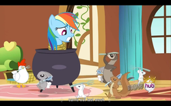 Size: 1024x640 | Tagged: safe, edit, edited screencap, screencap, rainbow dash, chicken, ferret, mouse, pony, rabbit, squirrel, g4, magical mystery cure, caption, cauldron, cooking pot, fork, peril, person as food, rainbond dash, rope, spoon, tied up, youtube caption