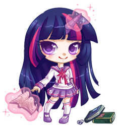 Size: 329x351 | Tagged: safe, artist:raineseryn, twilight sparkle, human, g4, book, chibi, female, horn, horned humanization, humanized, magic, simple background, solo, transparent background