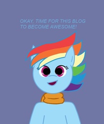 Size: 629x750 | Tagged: safe, rainbow dash, g4, all caps, alternate hairstyle, blue background, bust, cyborg 009, english, front view, looking at you, no catchlights, simple background, solo, text
