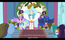 Size: 1024x640 | Tagged: safe, screencap, amethyst star, cloud kicker, linky, princess cadance, princess celestia, princess luna, shoeshine, sparkler, spring melody, sprinkle medley, alicorn, pony, g4, magical mystery cure, my little pony: friendship is magic, cadance's ceremonial crown, canterlot castle, celestia's ceremonial crown, close enough, hair over one eye, hub logo, luna's ceremonial crown, smiling, spread wings, twilight alias, wings, youtube caption