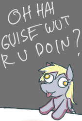 Size: 300x444 | Tagged: safe, derpy hooves, oc, oc:anon, pegasus, pony, g4, 4chan, cute, derp, female, greeting, mare, tongue out, what are you doing