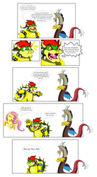 Size: 1950x3550 | Tagged: safe, artist:koopa-master, discord, fluttershy, g4, antagonist, bowser, comic, crossover, male, mario, nintendo, speech bubble, super mario bros., wreck-it ralph