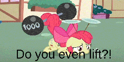 Size: 700x355 | Tagged: safe, edit, edited screencap, screencap, apple bloom, earth pony, pony, g4, the cutie pox, animated, barbell, cutie pox, do you even lift, female, filly, image macro, plate spinning, prehensile tail, solo, tail hold, weight lifting, weights