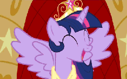 Size: 400x250 | Tagged: safe, screencap, twilight sparkle, alicorn, pony, g4, magical mystery cure, animated, big crown thingy, element of magic, eyes closed, female, flower, happy, laughing, mare, smiling, solo, spread wings, talking, twilight sparkle (alicorn), twimobile