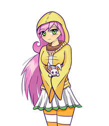 Size: 1100x1259 | Tagged: safe, artist:joyfulinsanity, angel bunny, fluttershy, human, g4, breasts, cleavage, clothes, female, hoodie, humanized, simple background, skirt, solo, white background