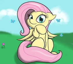 Size: 800x700 | Tagged: dead source, safe, artist:wazzart, fluttershy, butterfly, pegasus, pony, g4, cloud, female, grass, grass field, mare, sitting, sky, smiling, solo