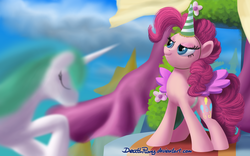 Size: 2000x1250 | Tagged: safe, artist:deathpwny, pinkie pie, princess celestia, alicorn, earth pony, pony, g4, alicorn party, bowing, eyes closed, fake horn, fake wings, glare, hat, party hat, partycorn, smiling