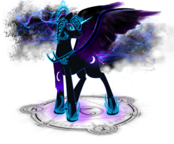 Size: 982x813 | Tagged: safe, artist:elkaart, nightmare moon, alicorn, pony, g4, female, magic, magic circle, smiling, solo