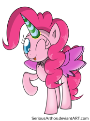 Size: 1674x2250 | Tagged: dead source, safe, artist:seriousarthos, pinkie pie, alicorn, pony, g4, magical mystery cure, alicornified, dancing, fake wings, female, hat, mare, one eye closed, party, party hat, partycorn, pinkiecorn, race swap, simple background, solo, transparent background, wink, xk-class end-of-the-world scenario