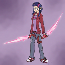 Size: 636x634 | Tagged: safe, artist:hamflo, twilight sparkle, human, g4, beam katana, cosplay, drawfag, humanized, no more heroes, parody, rose nasty, travis touchdown, weapon