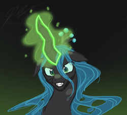 Size: 615x561 | Tagged: safe, artist:alittleriddle, queen chrysalis, changeling, changeling queen, g4, bust, crown, dark, female, glowing, glowing horn, gradient background, grin, horn, jewelry, magic, regalia, solo