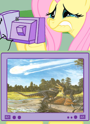 Size: 563x771 | Tagged: safe, fluttershy, dinosaur, g4, crying, exploitable meme, extinction, fluttercry, meme, meteor, meteorite, tv meme