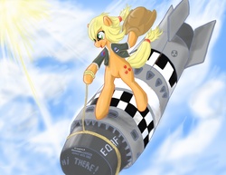 Size: 3300x2550 | Tagged: safe, artist:starhoof, applejack, earth pony, semi-anthro, g4, bomb, dr. strangelove, hat, lasso, riding a bomb, rope