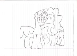 Size: 1024x745 | Tagged: safe, artist:supergex, artist:trueinfinitycore, pinkie pie, rainbow dash, g4, heart, kissing, lineart, scrunchy face, ship:pinkiedash, shipping, sketch, traditional art