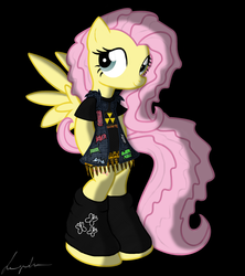Size: 1244x1400 | Tagged: safe, artist:flutterthrash, fluttershy, pony, semi-anthro, g4, 80s, alternate hairstyle, anthrax, arm hooves, bipedal, bullet belt, clothes, fashion, heavy metal, kreator, megadeth, metal, metalhead, nuclear assault, overkill (band), slayer, sodom (band), solo, thrash metal