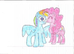 Size: 1024x745 | Tagged: safe, artist:supergex, artist:trueinfinitycore, pinkie pie, rainbow dash, g4, colored lineart, colored sketch, female, heart, kissing, lesbian, oil pastels, ship:pinkiedash, shipping