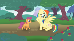 Size: 1920x1080 | Tagged: safe, artist:lunydale, fluttershy, scootaloo, g4, alternate hairstyle, blushing