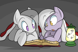 Size: 1800x1200 | Tagged: safe, artist:red-poni, limestone pie, marble pie, g4, blanket, book, lantern, pie sisters, reading