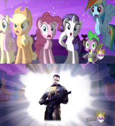 Size: 638x693 | Tagged: safe, applejack, fluttershy, pinkie pie, rainbow dash, rarity, spike, g4, alicorn flash, exploitable meme, gordon freeman, half-life, hub logo, meme