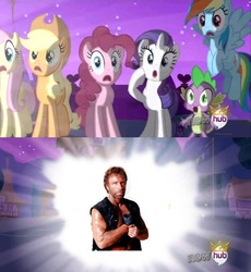 Size: 552x600 | Tagged: safe, applejack, fluttershy, pinkie pie, rainbow dash, rarity, spike, g4, alicorn flash, chuck norris, exploitable meme, hub logo, meme