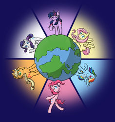 Size: 4500x4758 | Tagged: safe, alternate version, artist:fearingfun, applejack, fluttershy, pinkie pie, rainbow dash, rarity, twilight sparkle, earth pony, pegasus, pony, unicorn, g4, absurd resolution, applejack's hat, cowboy hat, earth, female, globe, hat, looking at you, mane six, mare, open mouth, open smile, smiling, smiling at you, unicorn twilight