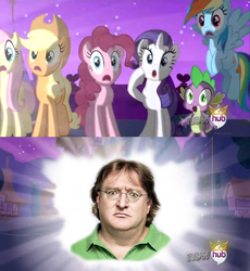 Size: 638x693 | Tagged: safe, applejack, fluttershy, pinkie pie, rainbow dash, rarity, spike, g4, alicorn flash, exploitable meme, gabe newell, hub logo, meme