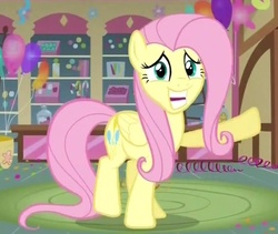 Size: 605x511 | Tagged: safe, screencap, fluttershy, pegasus, pony, g4, magical mystery cure, cropped, female, get, grin, index get, mare, nervous, nervous smile, smiling, sugarcube corner, swapped cutie marks