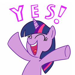 Size: 500x500 | Tagged: safe, artist:madmax, twilight sparkle, pony, g4, eyes closed, female, happy, mare, open mouth, reaction image, simple background, smiling, solo, white background, yes