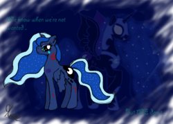 Size: 1057x755 | Tagged: dead source, safe, artist:luminaria-angel, nightmare moon, princess luna, g4, abuse, bleeding, blood, crying, feels, injured, lunabuse, sad, text